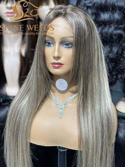 European Medium long Natural Hair Wig P6/18# Fringe Customized wig Model AW 4*4 Lace
