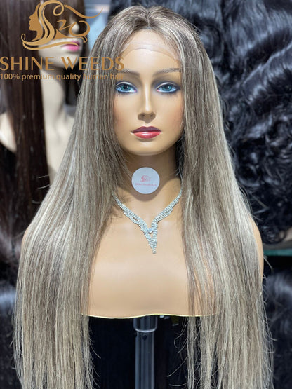 European Medium long Natural Hair Wig P6/18# Fringe Customized wig Model AW 4*4 Lace