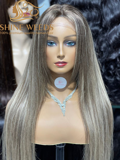 European Medium long Natural Hair Wig P6/18# Fringe Customized wig Model AW 4*4 Lace